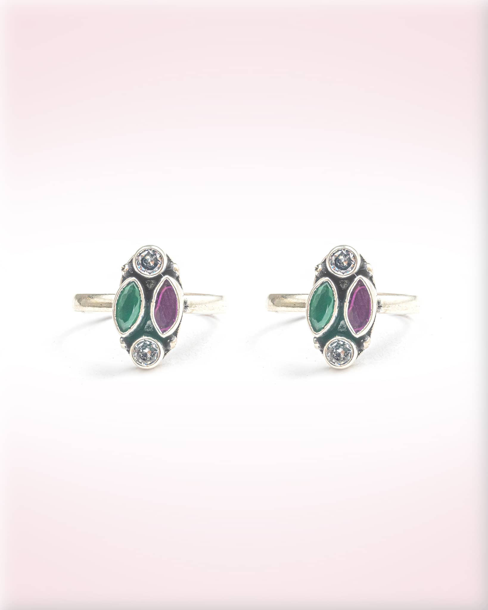 92.5 Sterling Silver Multi-Color 4-Stone Toe Rings | Green & Purple Oxidized Bichhiya
