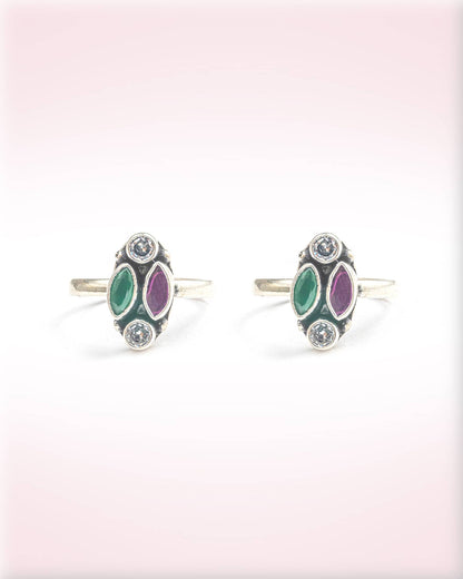 92.5 Sterling Silver Multi-Color 4-Stone Toe Rings | Green &amp; Purple Oxidized Bichhiya