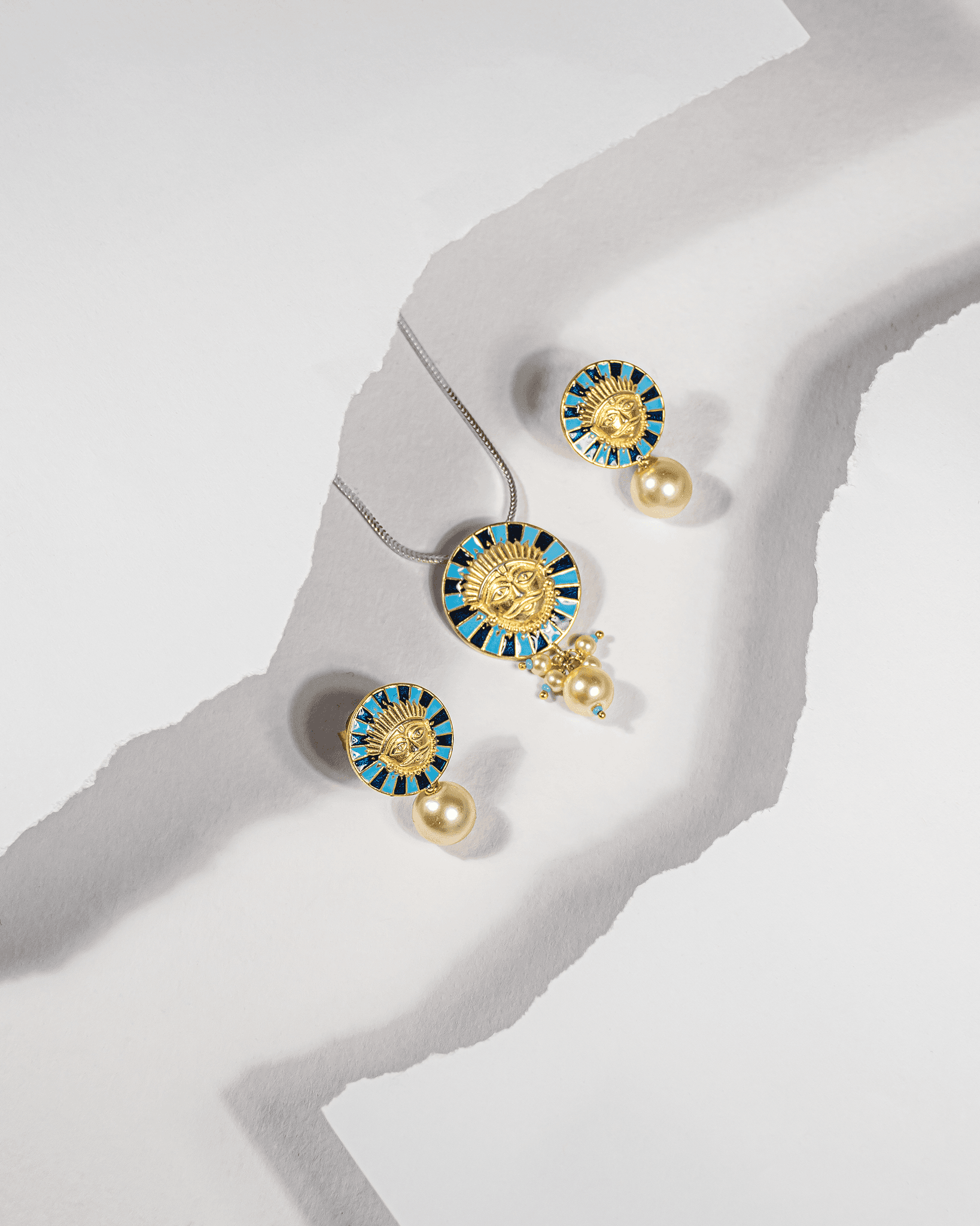 Gold Plated Silver Surya Pendant Set with Blue Enamel & Pearls | Traditional Sun Motif (Chain Not Included)