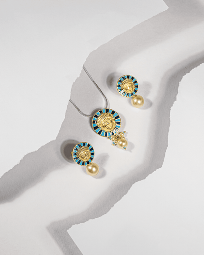 Gold Plated Silver Surya Pendant Set with Blue Enamel &amp; Pearls | Traditional Sun Motif (Chain Not Included)