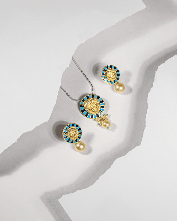 Gold Plated Silver Surya Pendant Set with Blue Enamel & Pearls | Traditional Sun Motif (Chain Not Included)