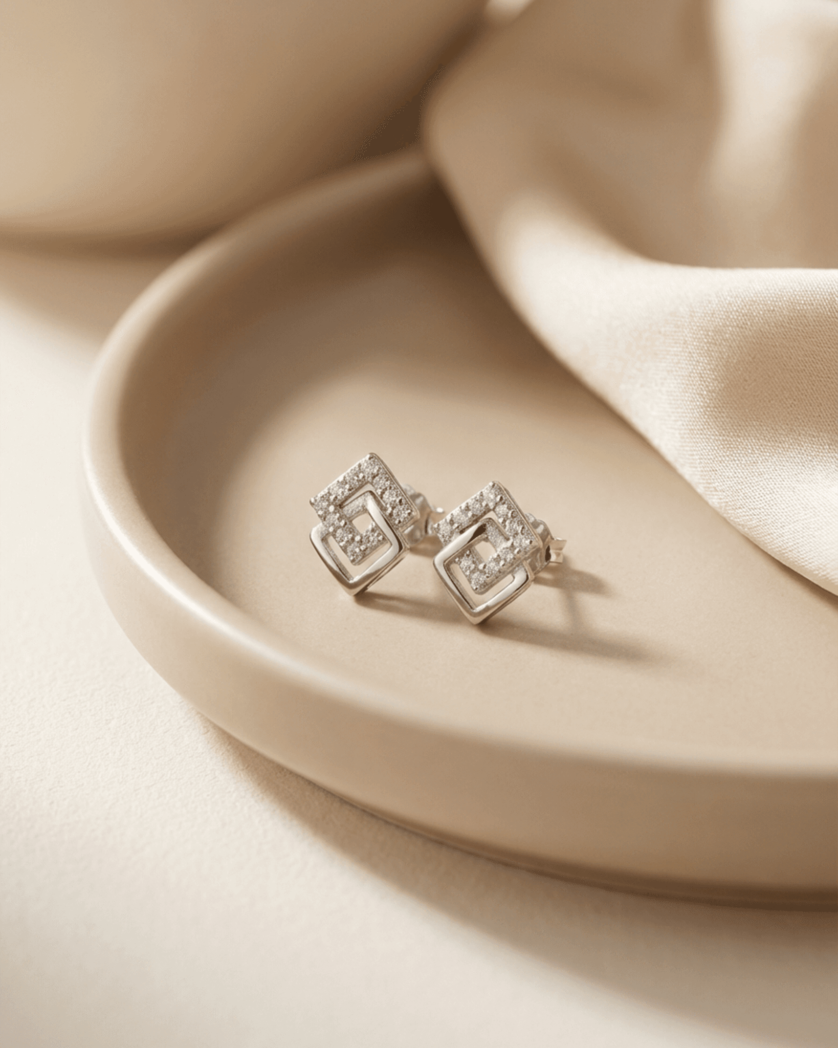 92.5 Sterling Silver Interlocking Square Pendant Set | Geometric CZ Studs (Chain Not Included)