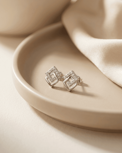 92.5 Sterling Silver Interlocking Square Pendant Set | Geometric CZ Studs (Chain Not Included)