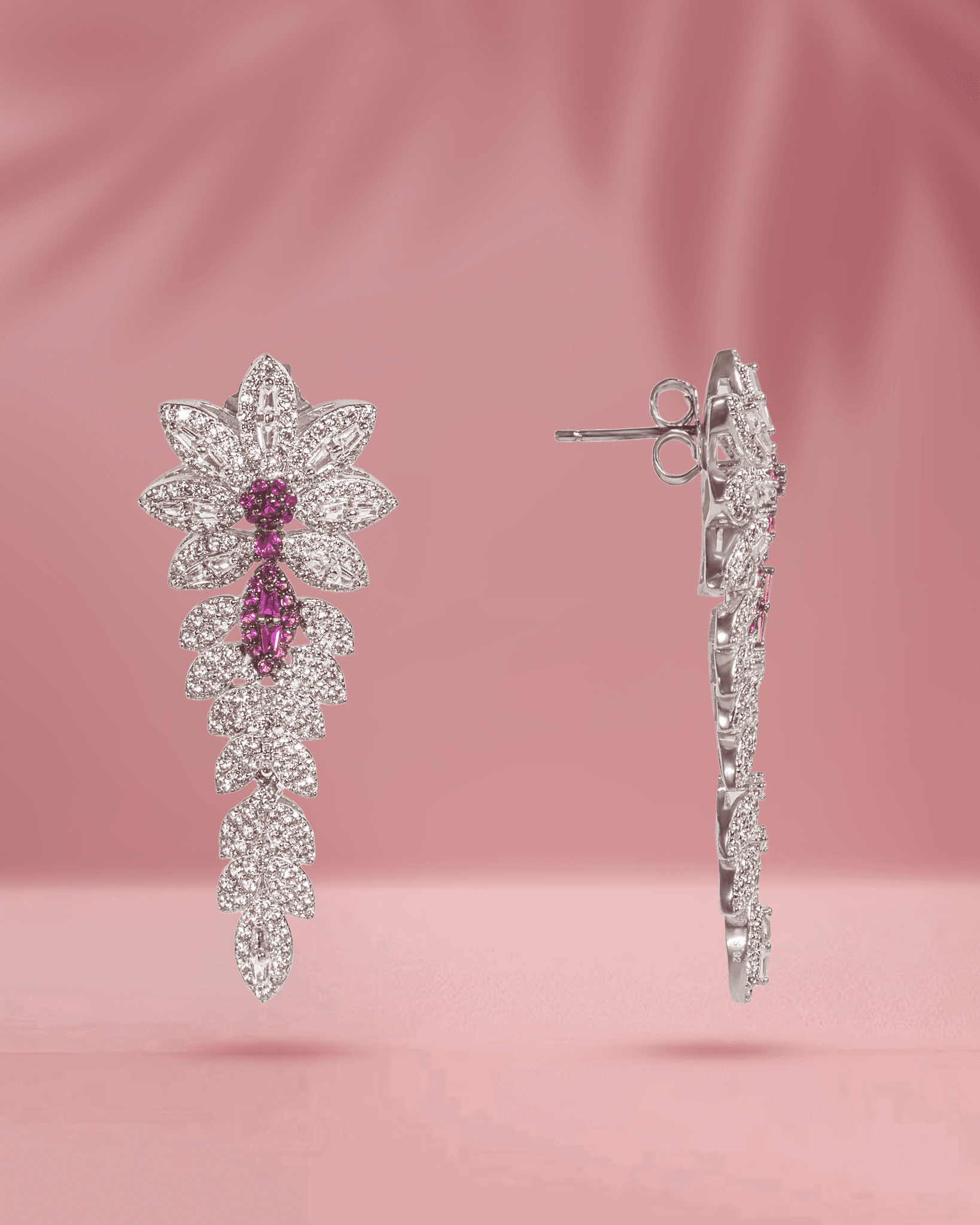 925 Sterling Silver American Diamond (AD) Floral Dangler Earrings | Ruby Pink & Clear Stones