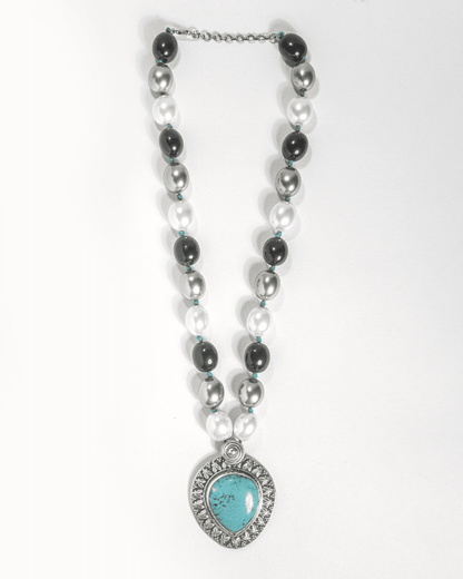 Oxidized 925 Sterling Silver Turquoise Teardrop Pendant Necklace | Tri-Color Shell Pearl Mala