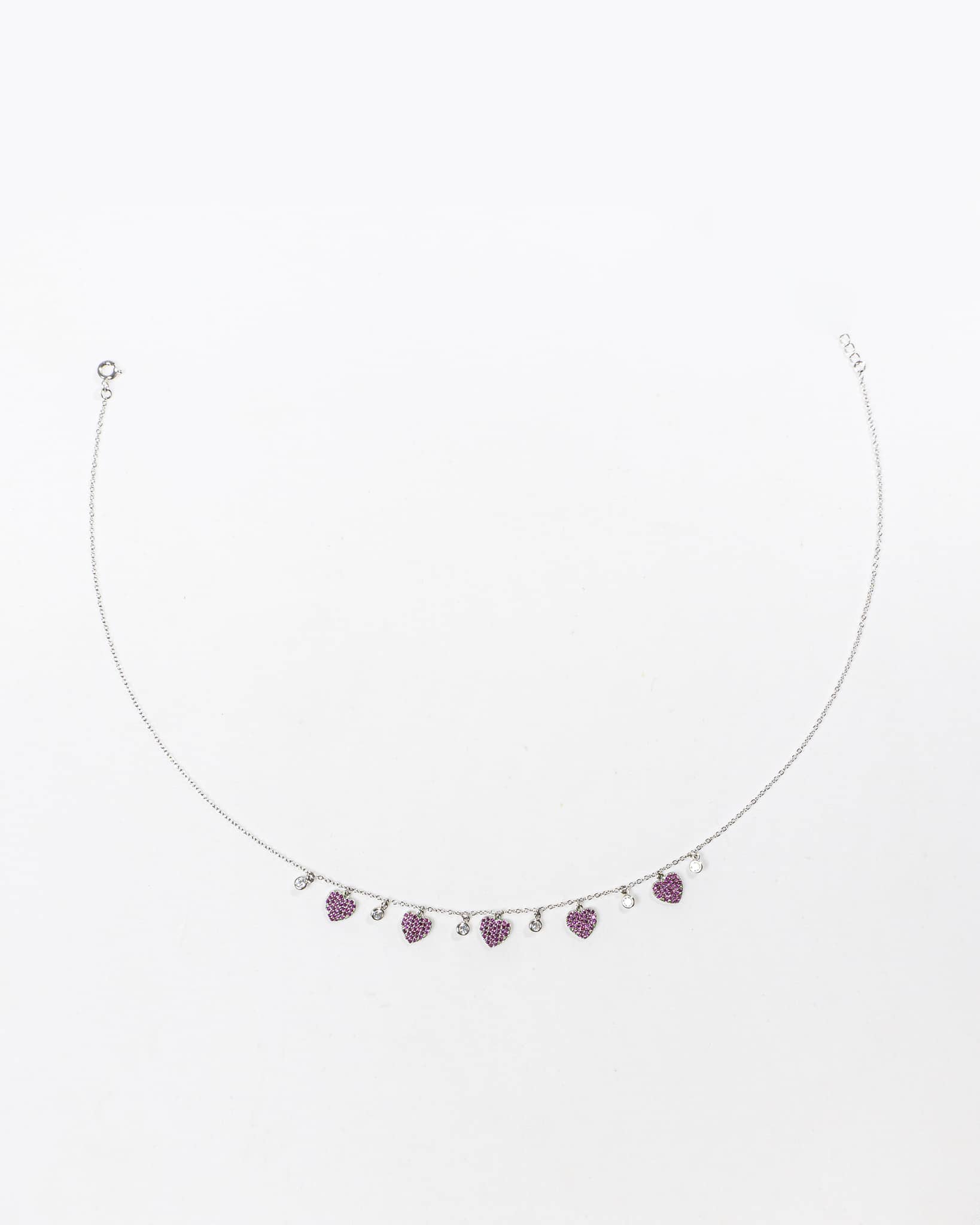 92.5 Sterling Silver Pink Pave Heart Station Necklace | Ruby Color CZ Dangles