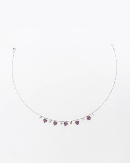 92.5 Sterling Silver Pink Pave Heart Station Necklace | Ruby Color CZ Dangles