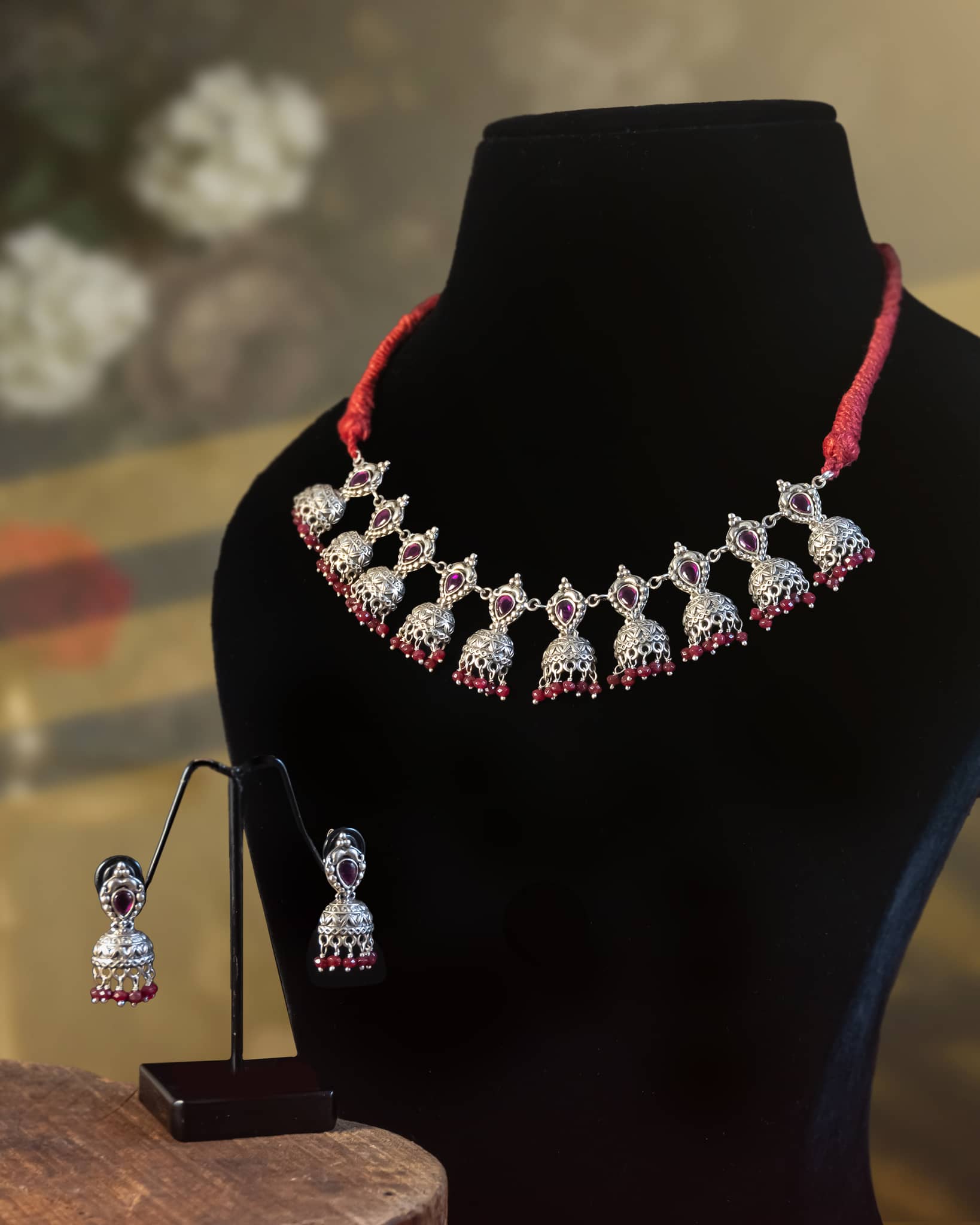92.5 Sterling Silver Oxidized Red Stone Bridal Necklace Set | Peacock Jhumki Haar with Earrings