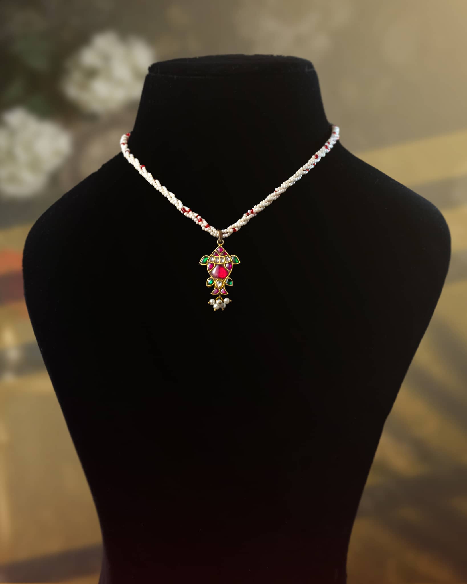 92.5 Sterling Silver Gold Plated Matsya Kundan Necklace | Fish Motif Pearl Strung Haar