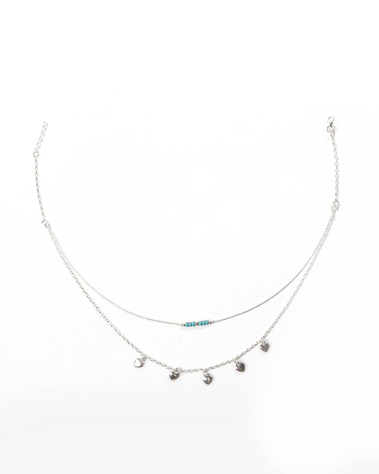 92.5 Sterling Silver Double Layer Heart Charm Necklace | Turquoise Bead Accent
