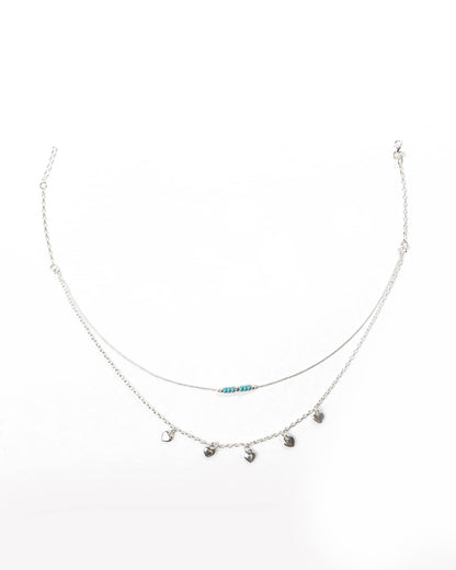 92.5 Sterling Silver Double Layer Heart Charm Necklace | Turquoise Bead Accent