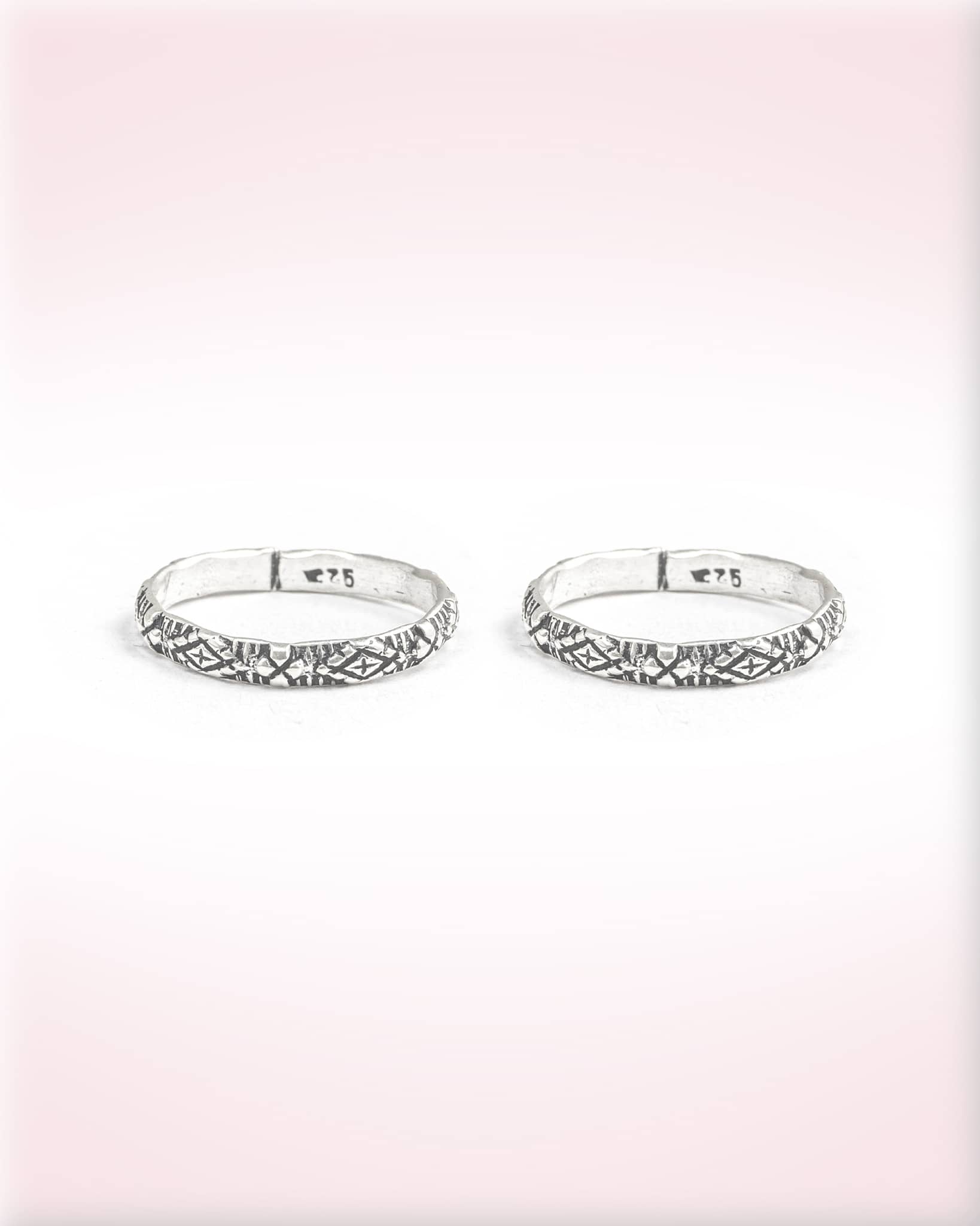 92.5 Sterling Silver Oxidized Geometric Etched Band Toe Rings | Slim Tribal Bichhiya