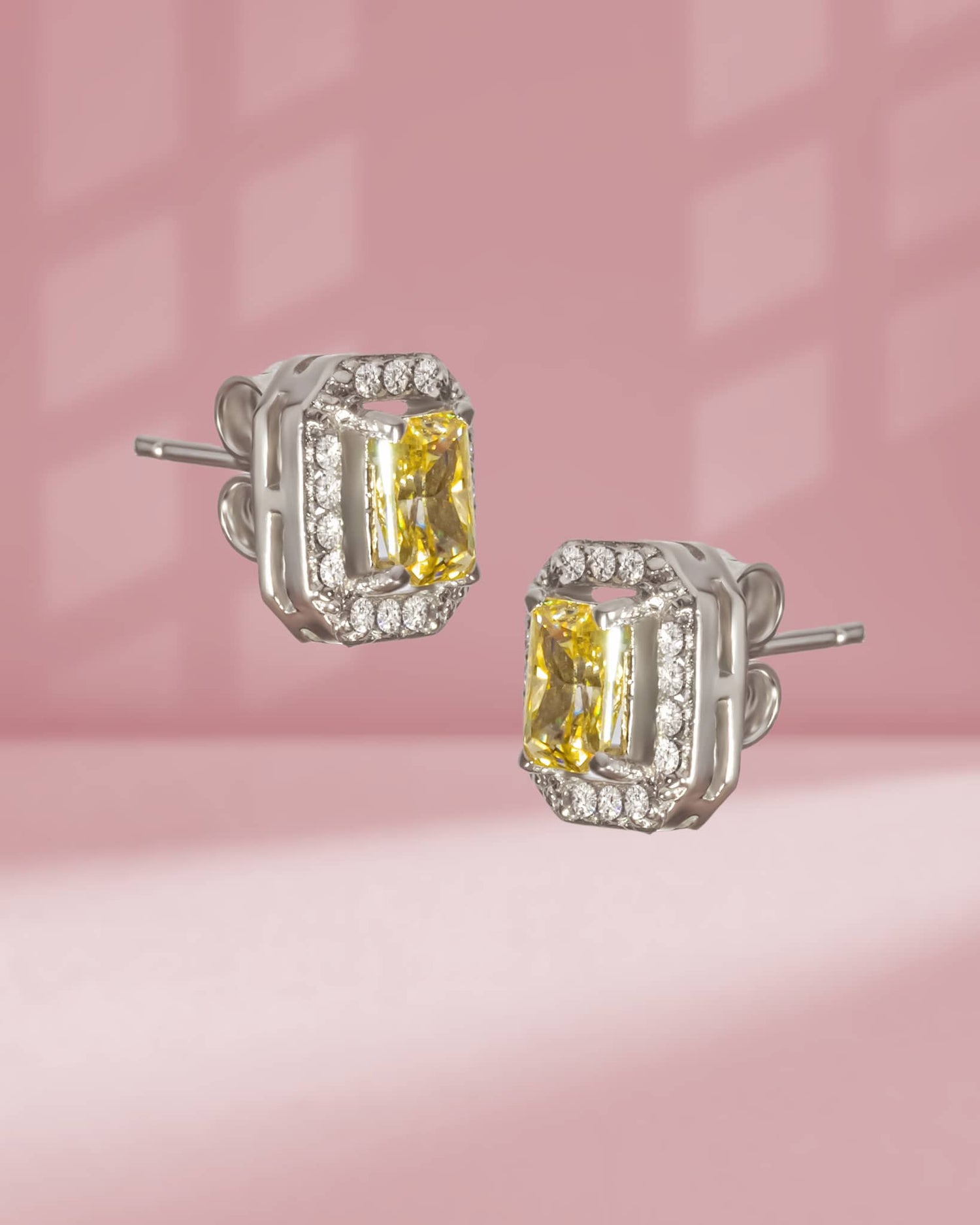 925 Sterling Silver Canary Yellow Radiant Cut Halo Stud Earrings | Luxury Cocktail Tops