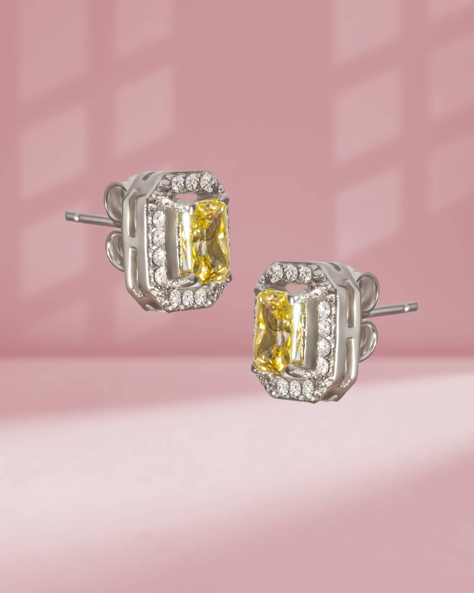 925 Sterling Silver Canary Yellow Radiant Cut Halo Stud Earrings | Luxury Cocktail Tops