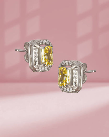 925 Sterling Silver Canary Yellow Radiant Cut Halo Stud Earrings | Luxury Cocktail Tops