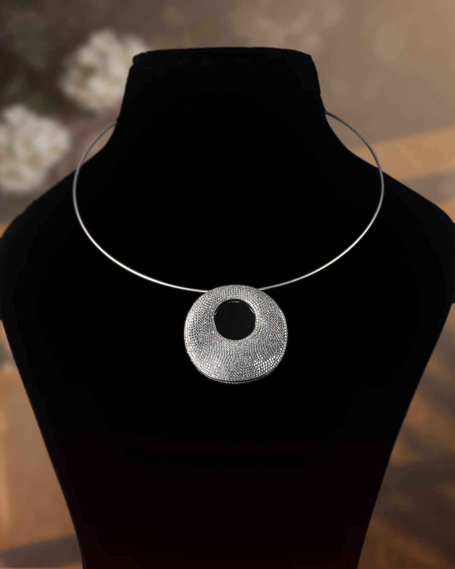 92.5 Sterling Silver American Diamond Pave Disc Hasli Necklace | Modern Crystal Collar