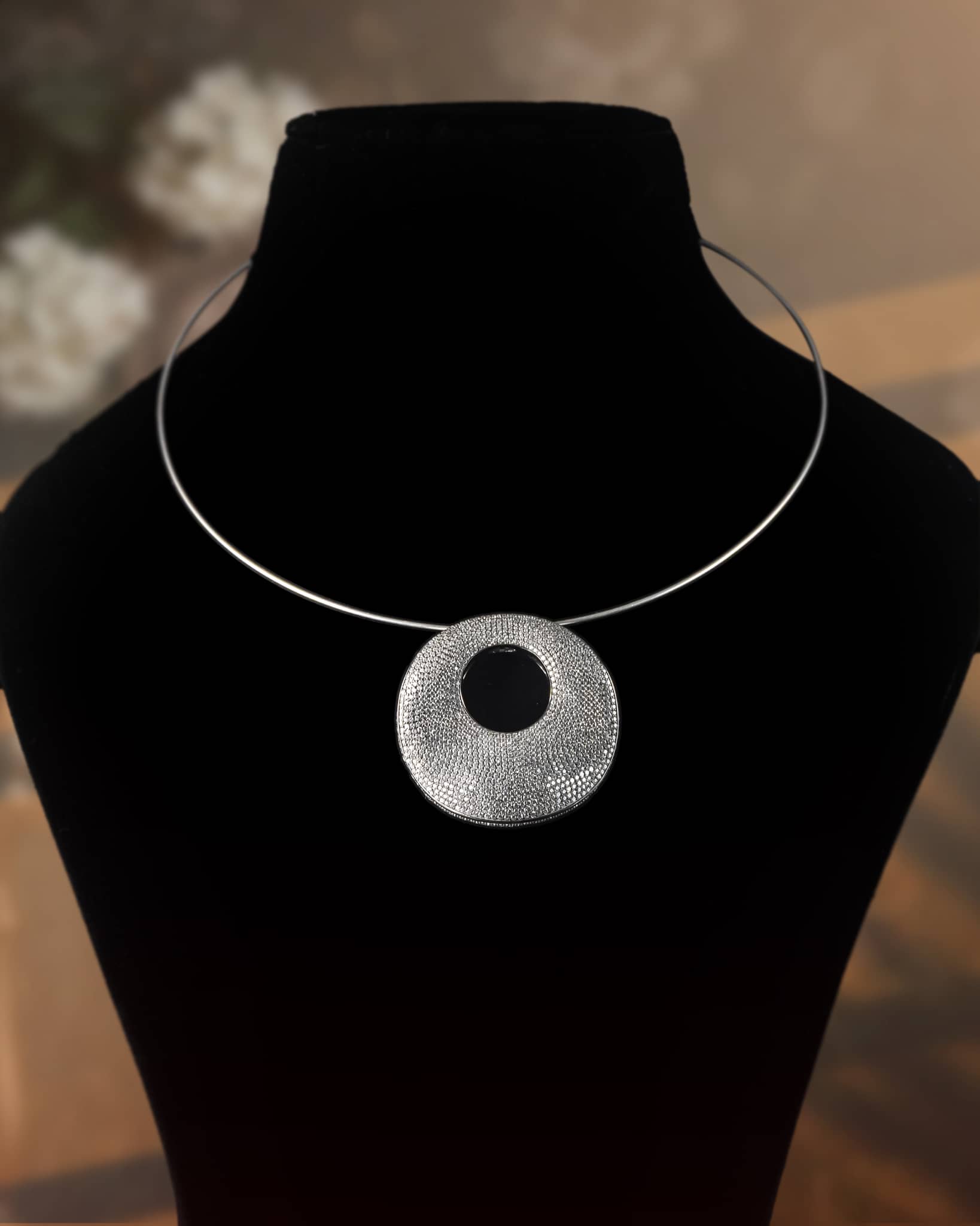 92.5 Sterling Silver American Diamond Pave Disc Hasli Necklace | Modern Crystal Collar