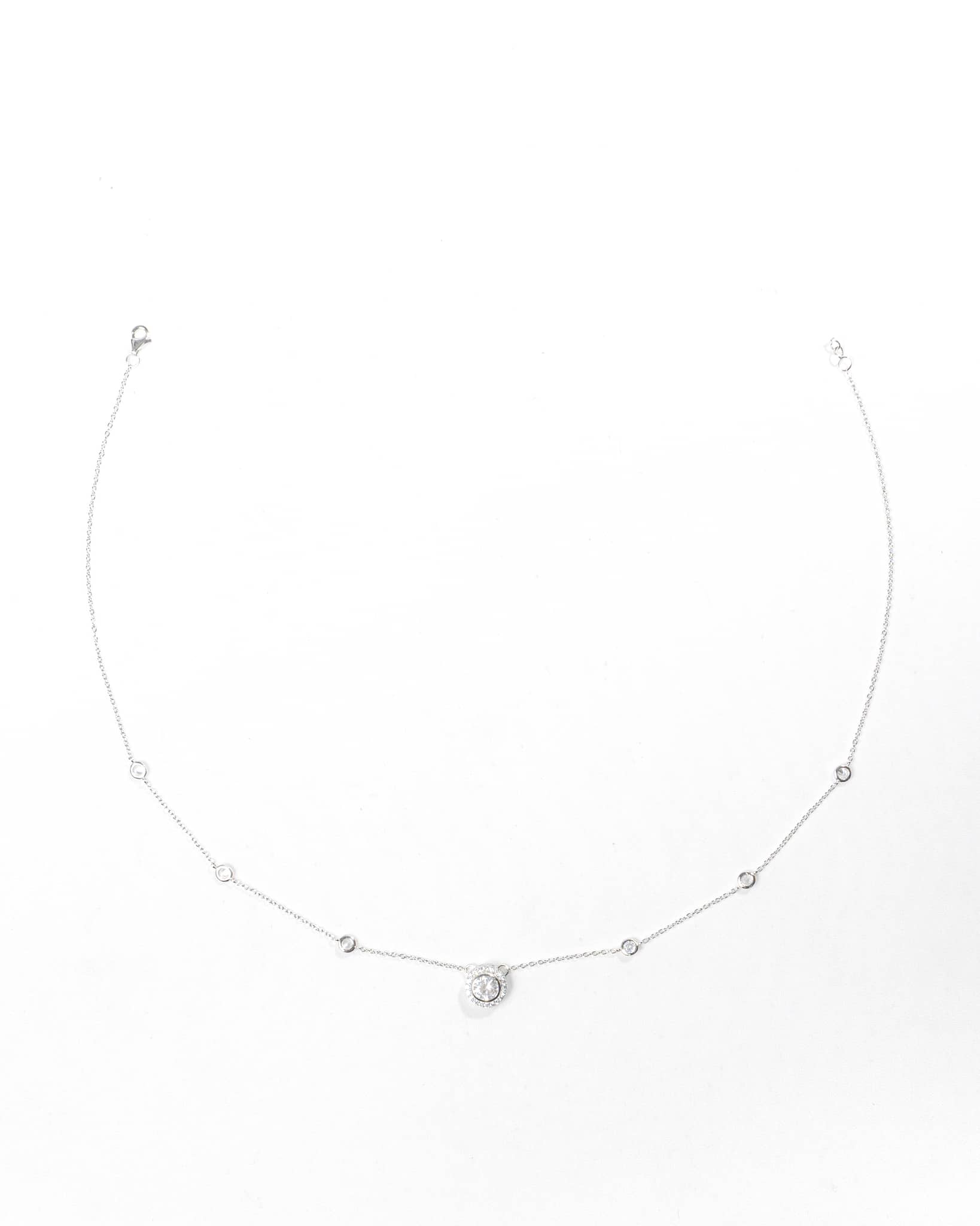 92.5 Sterling Silver Solitaire Halo Station Necklace | Round CZ Diamond Chain