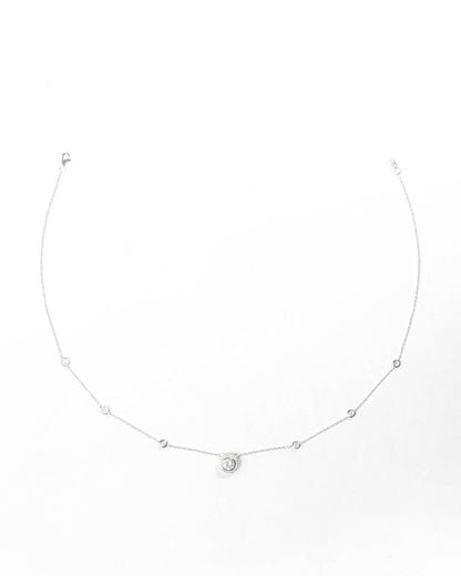 92.5 Sterling Silver Solitaire Halo Station Necklace | Round CZ Diamond Chain