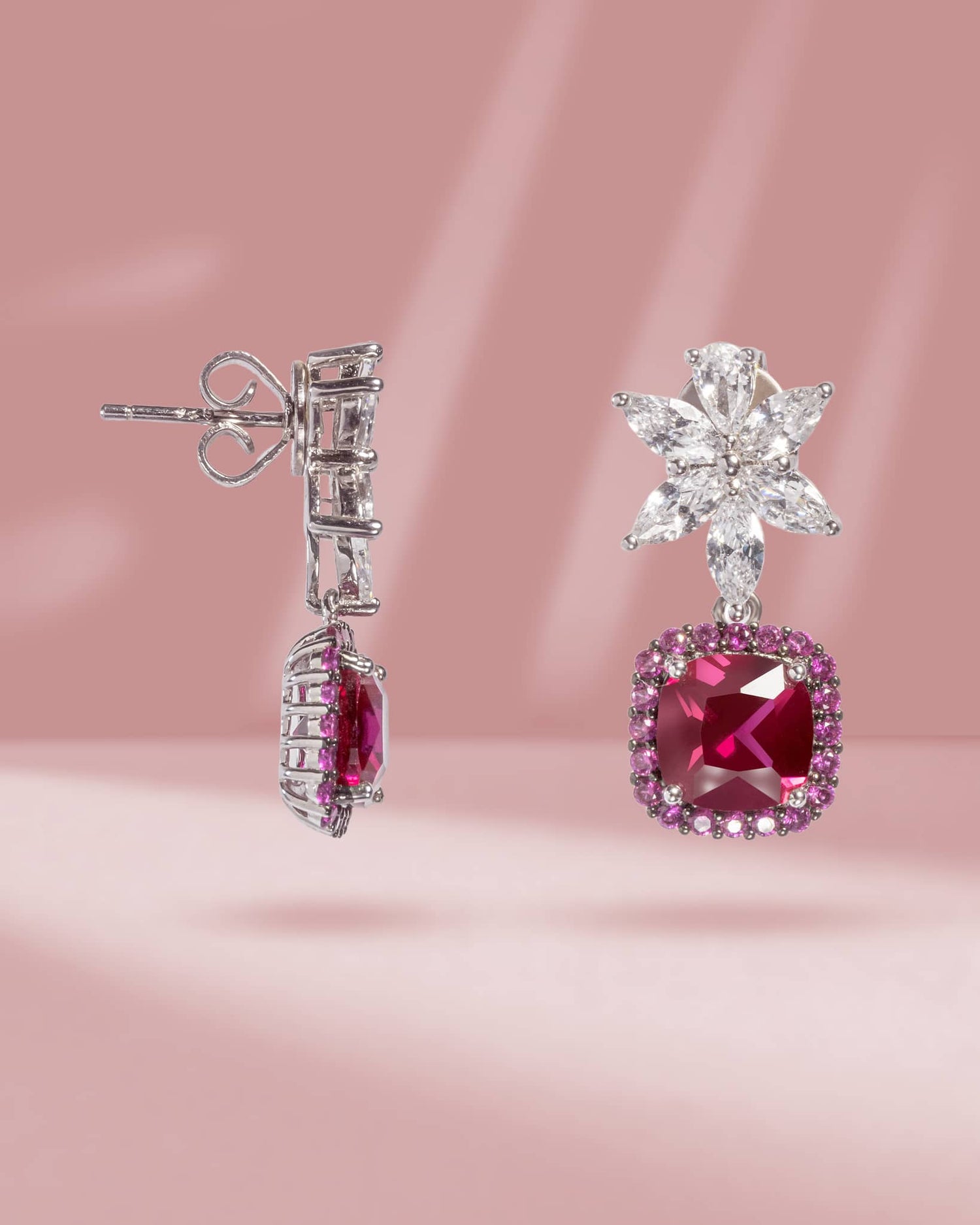 925 Sterling Silver Ruby Red Cushion Drop Earrings | Marquise Floral Stud with Pink Halo