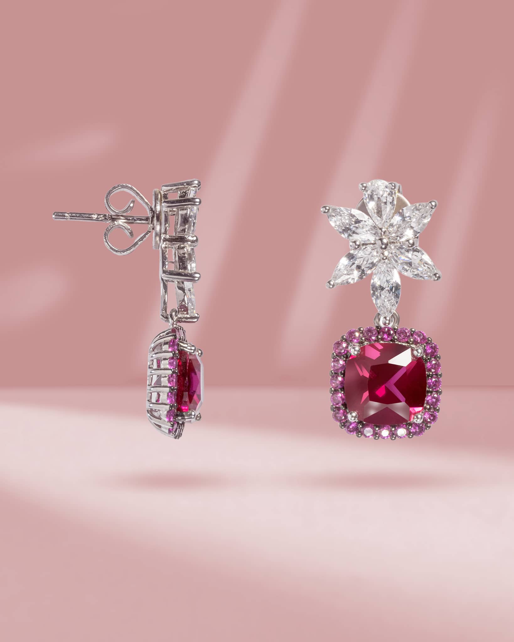 925 Sterling Silver Ruby Red Cushion Drop Earrings | Marquise Floral Stud with Pink Halo