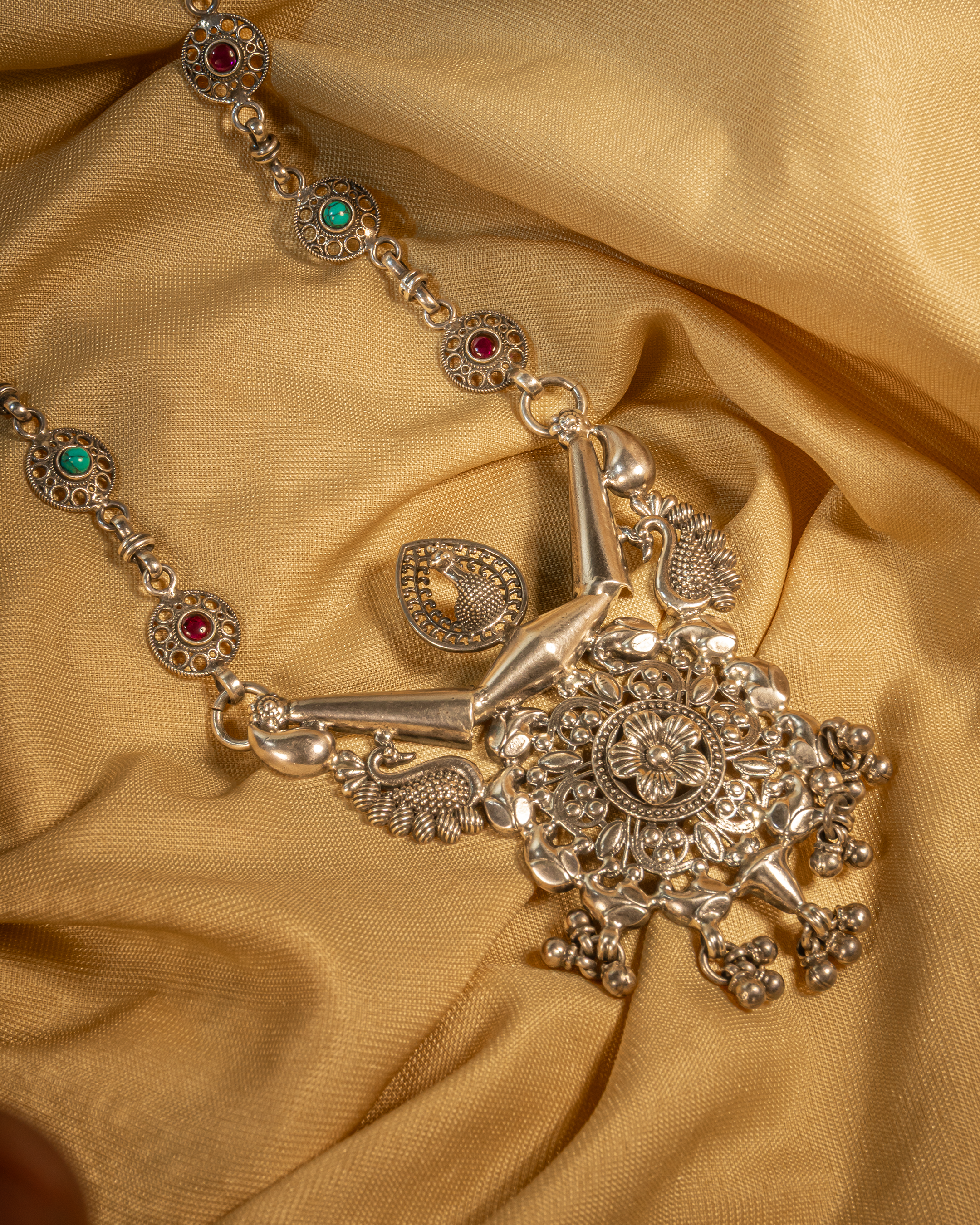 92.5 Sterling Silver Oxidized Filigree Statement Necklace with Multi-Stone Accents