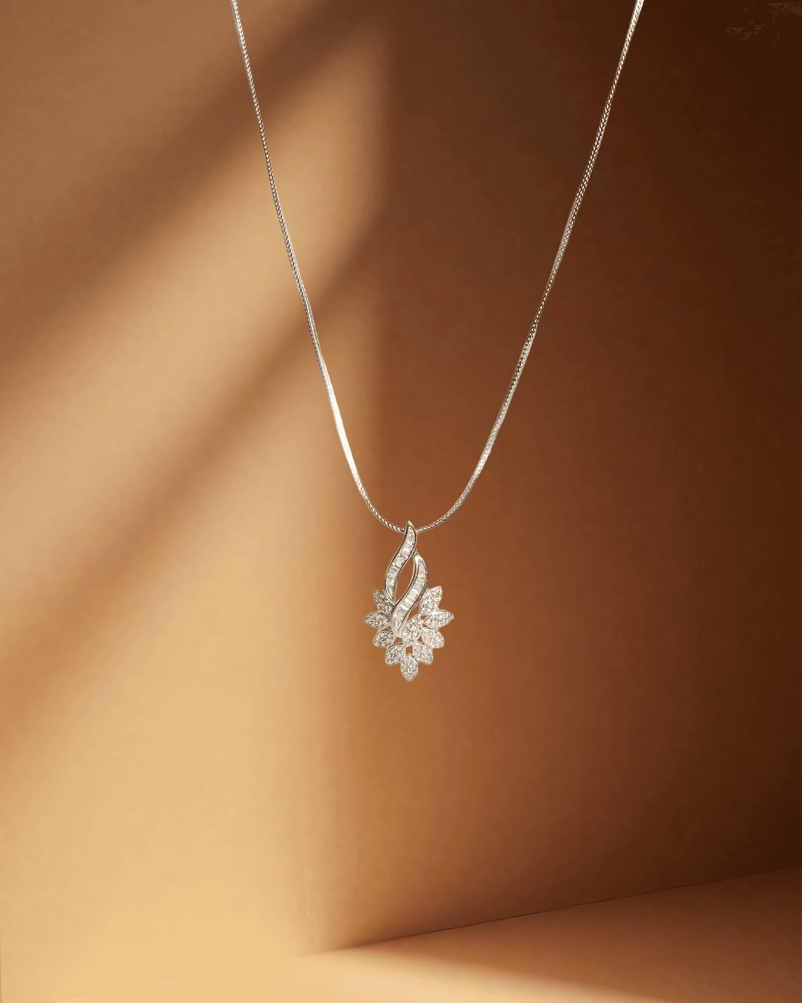 925 Sterling Silver Cascading Leaf Pendant Set with Baguette CZ | Floral Spray Design (Chain Not Included)