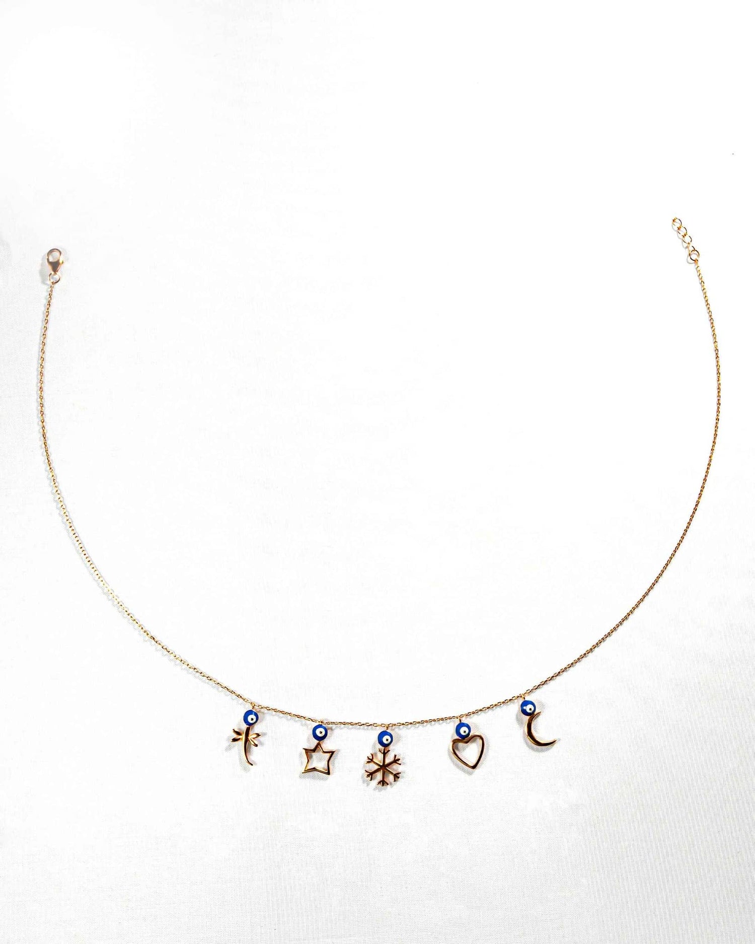 92.5 Sterling Silver Rose Gold Multi-Charm Evil Eye Necklace | Protective Dangle Chain