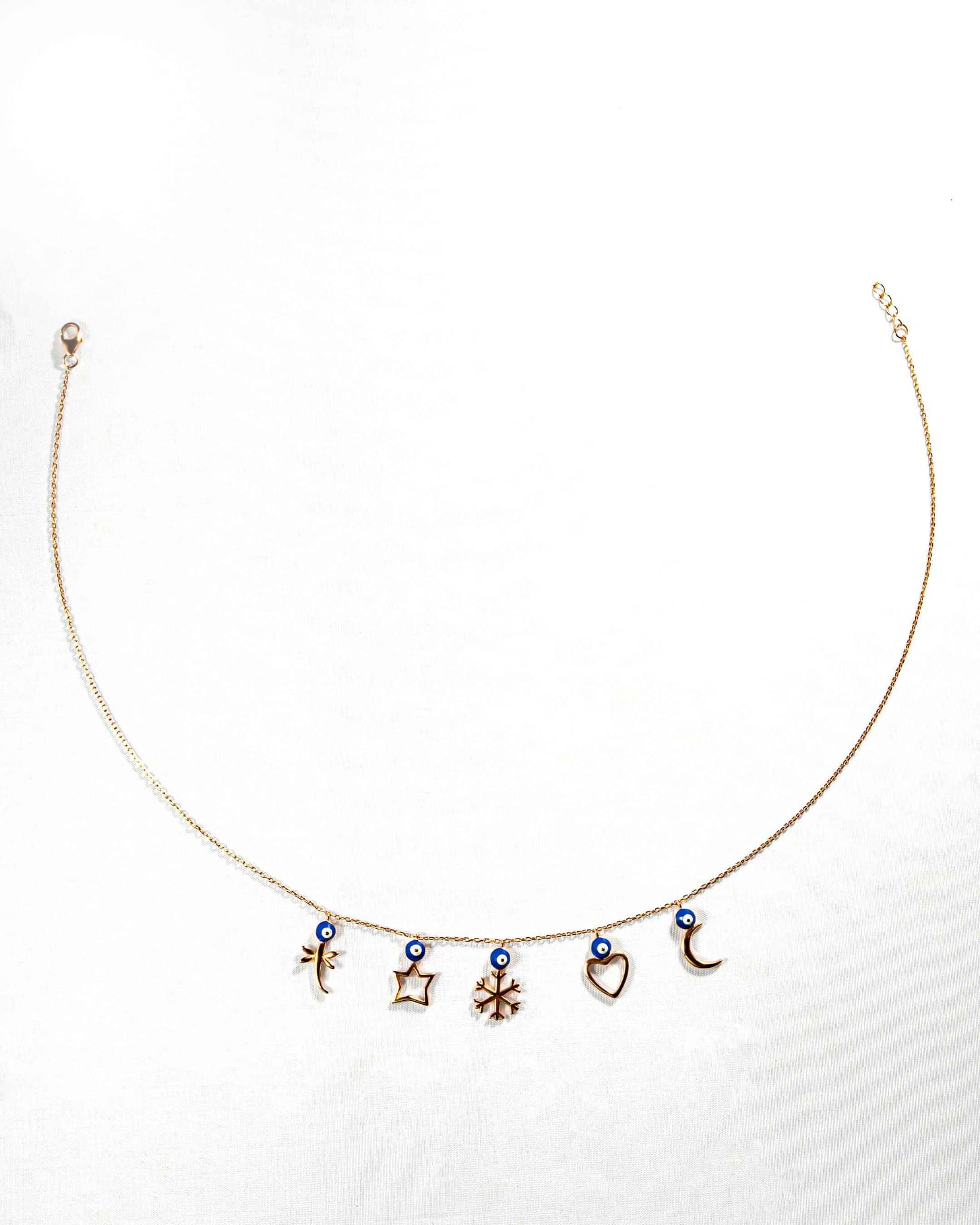 92.5 Sterling Silver Rose Gold Multi-Charm Evil Eye Necklace | Protective Dangle Chain