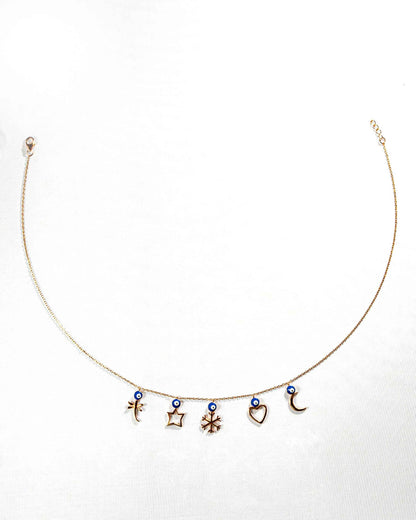 92.5 Sterling Silver Rose Gold Multi-Charm Evil Eye Necklace | Protective Dangle Chain