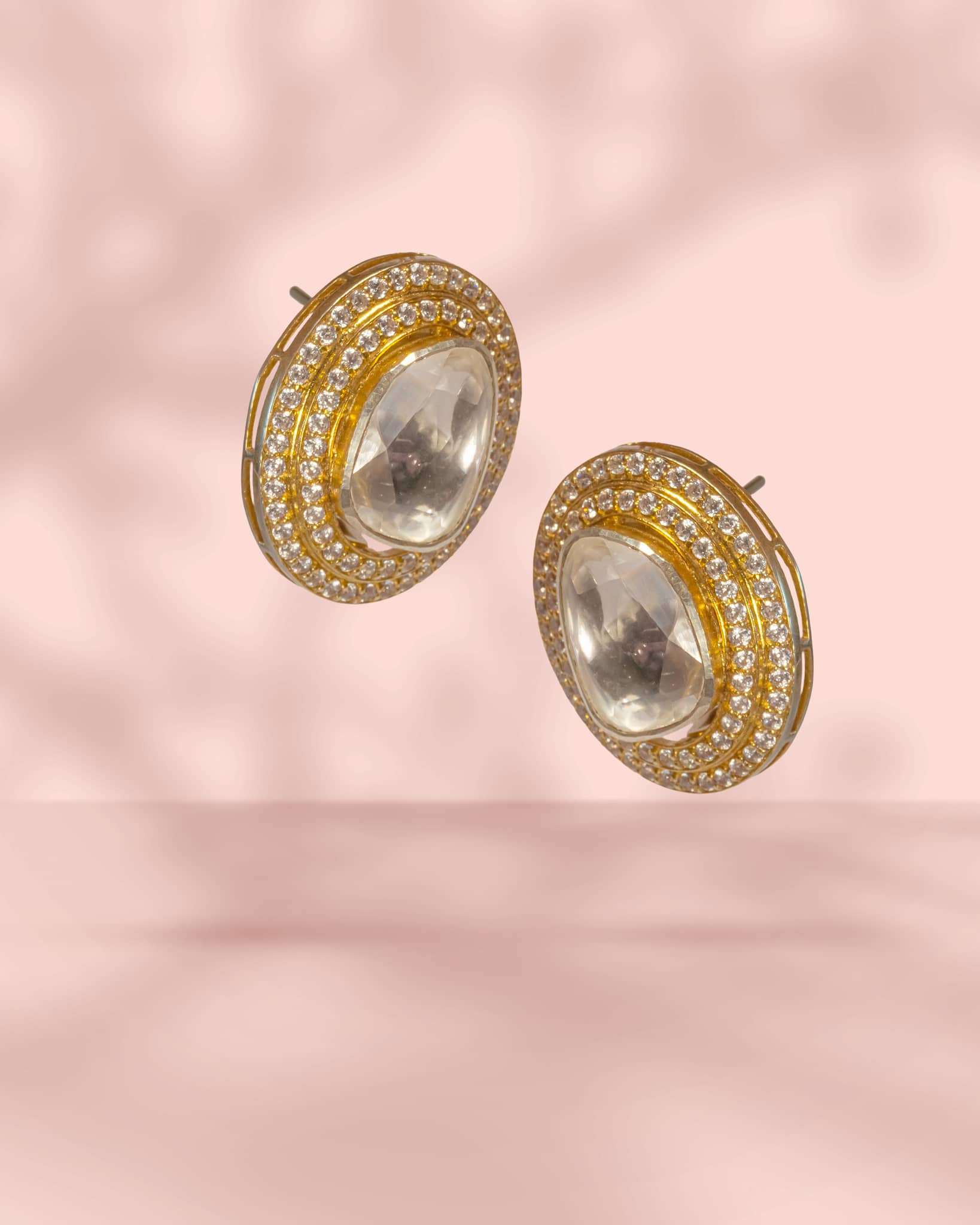 Premium 925 Sterling Silver Gold Plated Big Polki Studs | Double AD Halo with Clip Support
