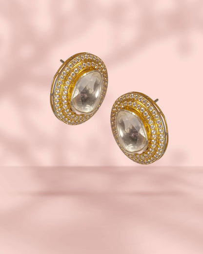 Premium 925 Sterling Silver Gold Plated Big Polki Studs | Double AD Halo with Clip Support