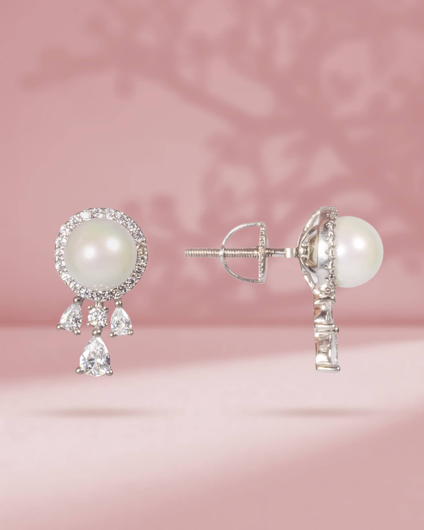 925 Sterling Silver Pearl Halo Stud Earrings with CZ Drops | Fancy Screw Back Tops