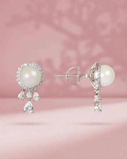 925 Sterling Silver Pearl Halo Stud Earrings with CZ Drops | Fancy Screw Back Tops