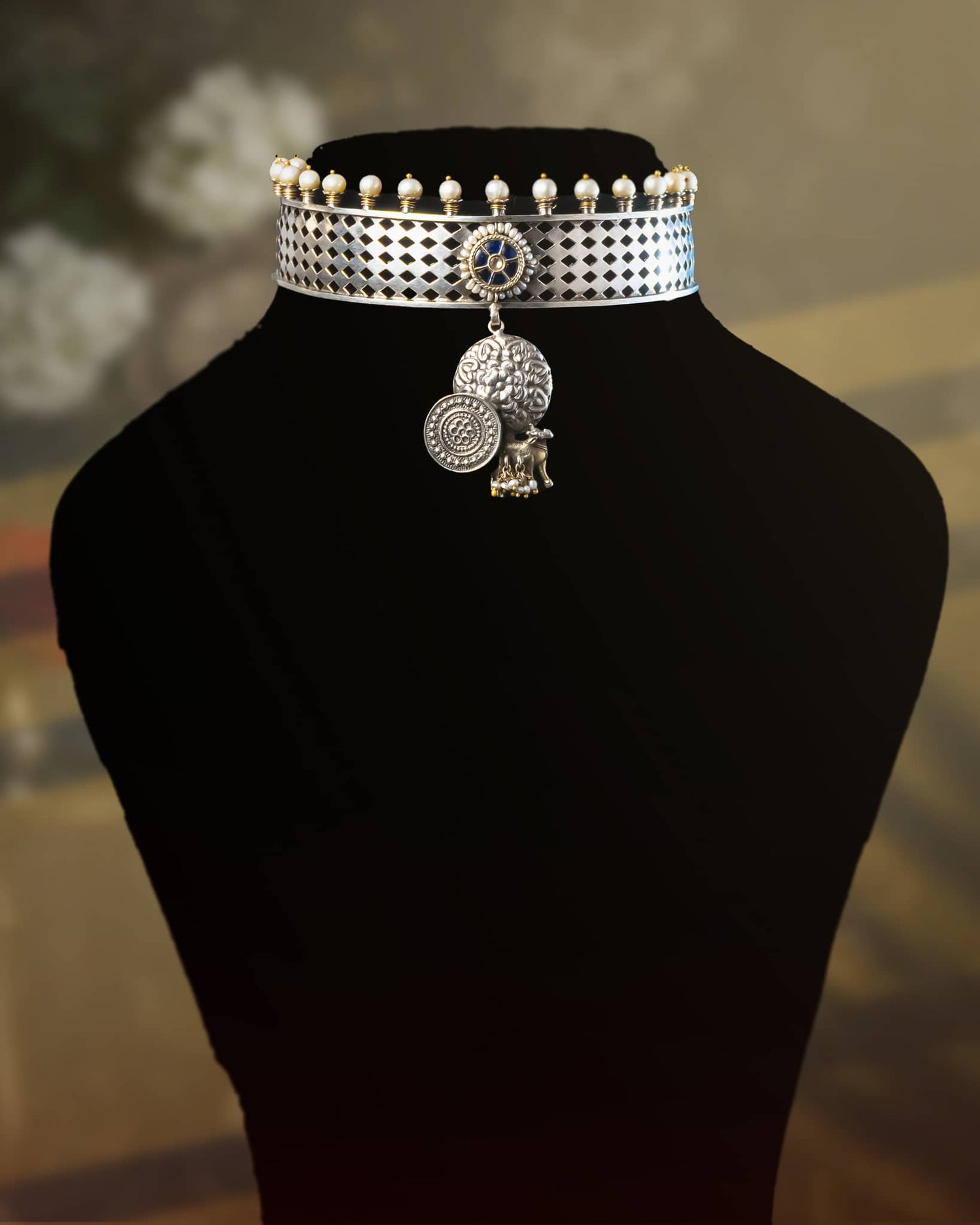 92.5 Sterling Silver Oxidized Mesh Choker Necklace | Blue Stone &amp; Coin Charm Hasli