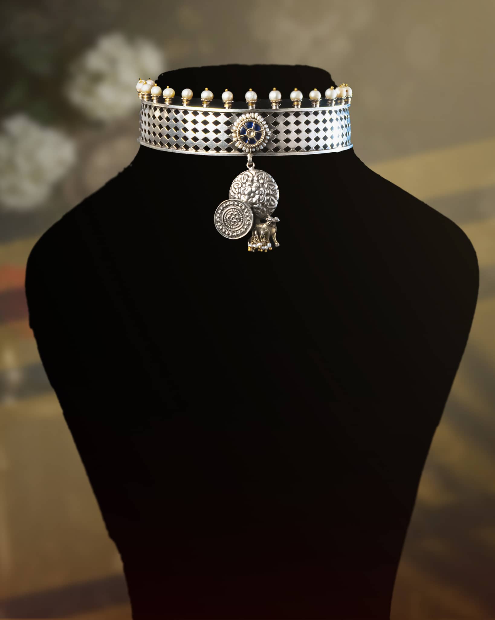 92.5 Sterling Silver Oxidized Mesh Choker Necklace | Blue Stone & Coin Charm Hasli