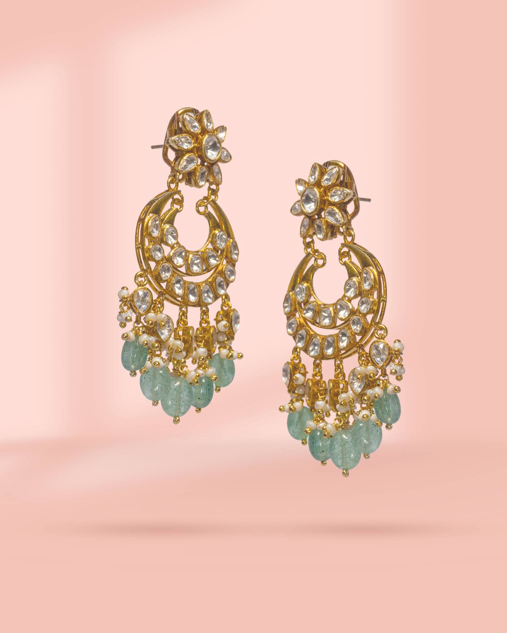 Gold Plated Polki Chandbali Earrings with Mint Green Beads & Pearls | Royal Wedding Jewelry