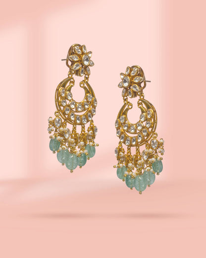 Gold Plated Polki Chandbali Earrings with Mint Green Beads &amp; Pearls | Royal Wedding Jewelry