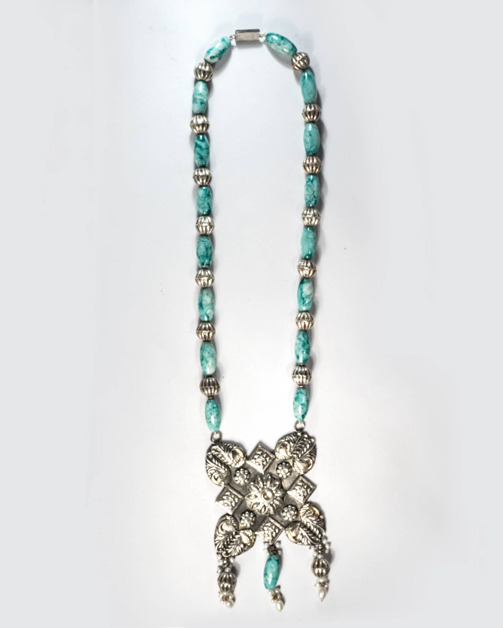 Oxidized 925 Sterling Silver Turquoise Beaded Long Necklace | Tribal Floral Pendant Mala
