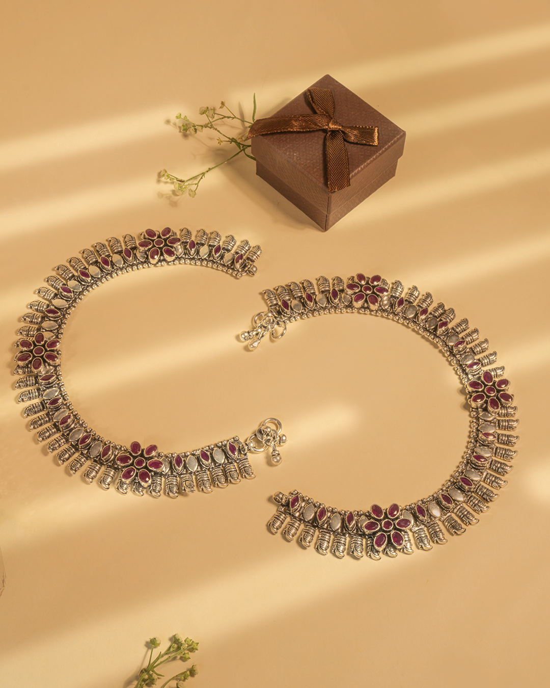 925 Silver Floral Antique Anklet with Ruby Stones | Hardik Jewels