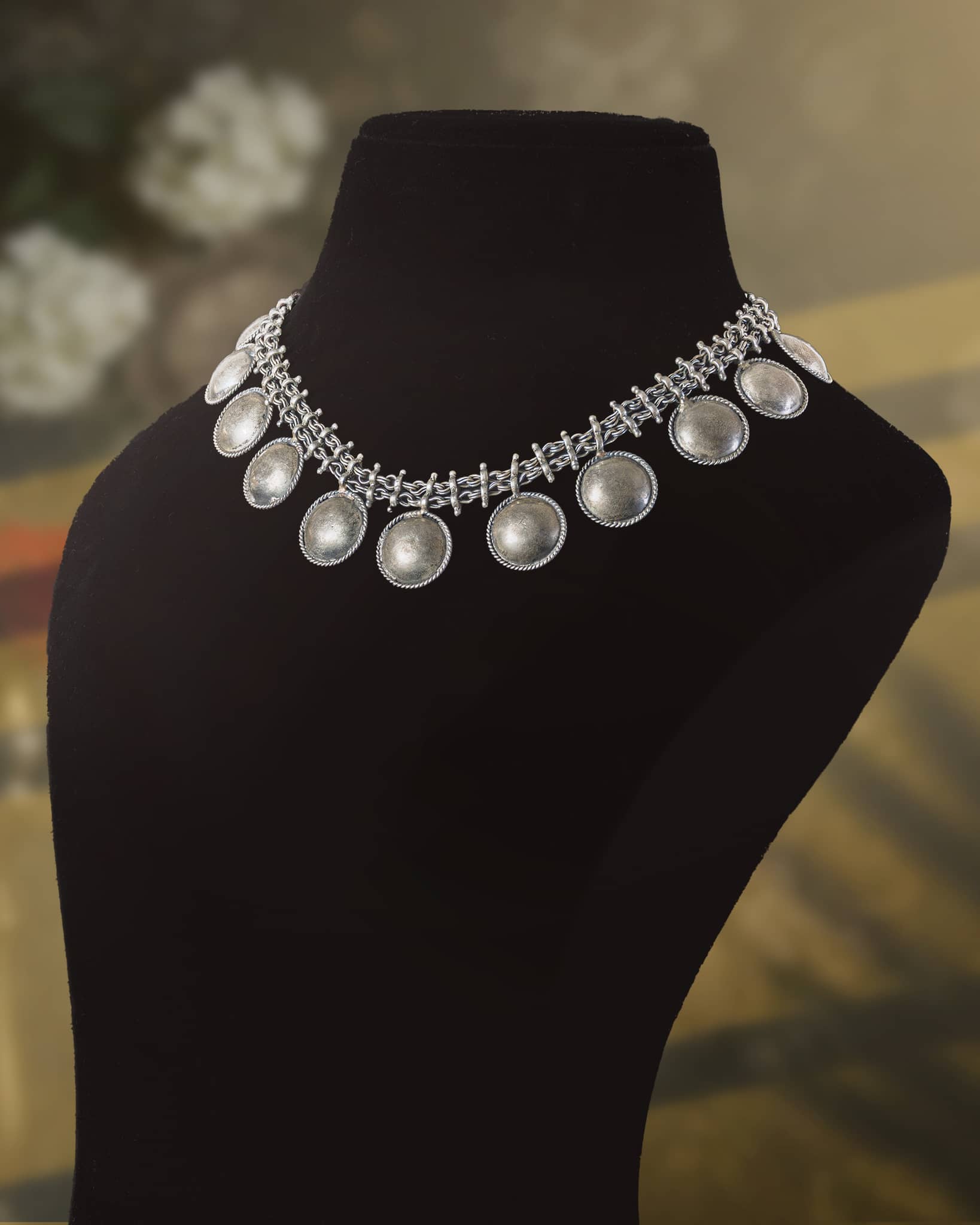 92.5 Sterling Silver Oxidized Plain Button Choker | Tribal Coin Style Necklace