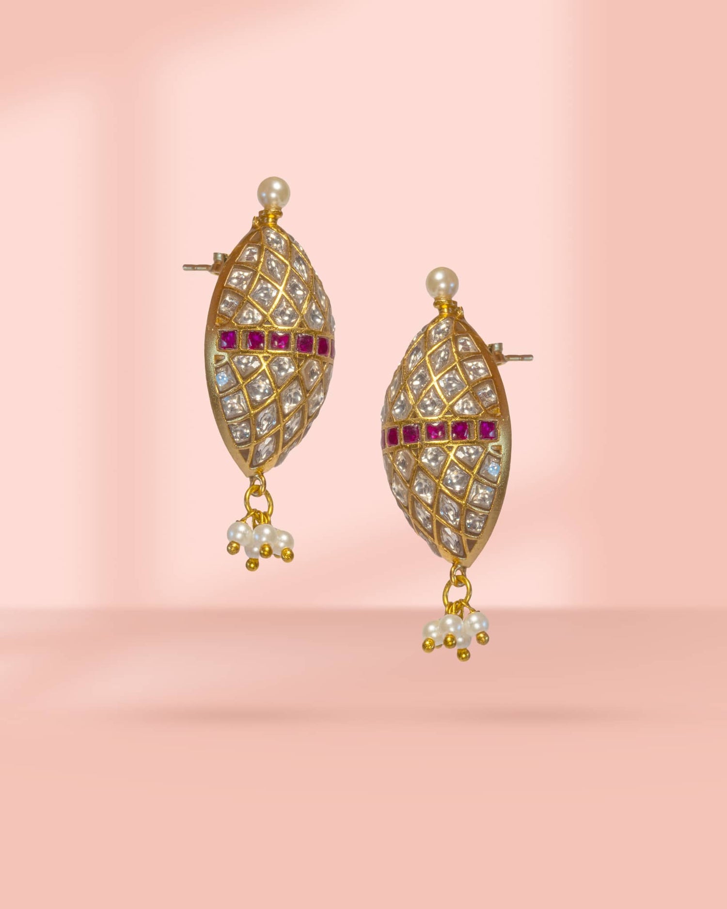 Premium 925 Sterling Silver Gold Plated Oval Polki Drop Earrings | Geometric Ruby &amp; Pearl Design