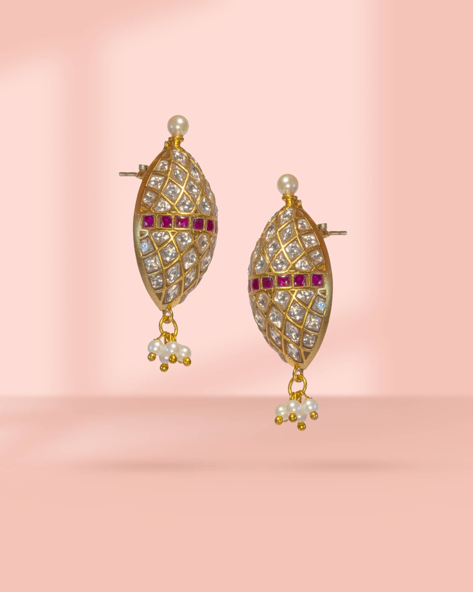 Premium 925 Sterling Silver Gold Plated Oval Polki Drop Earrings | Geometric Ruby & Pearl Design