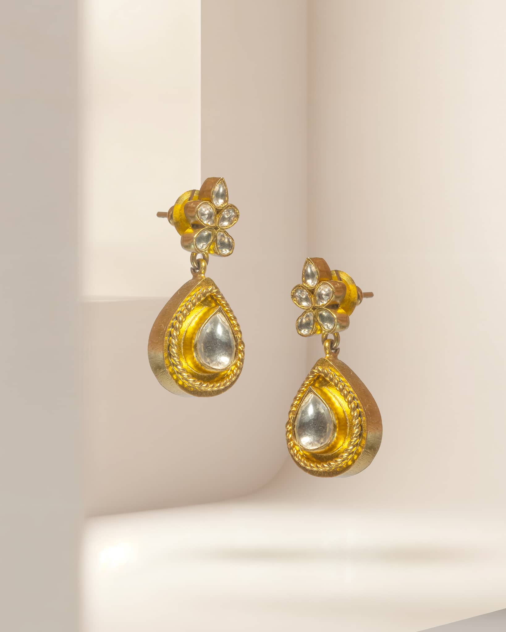 Premium Gold Plated Polki Teardrop Earrings | Antique Rope Border Drop