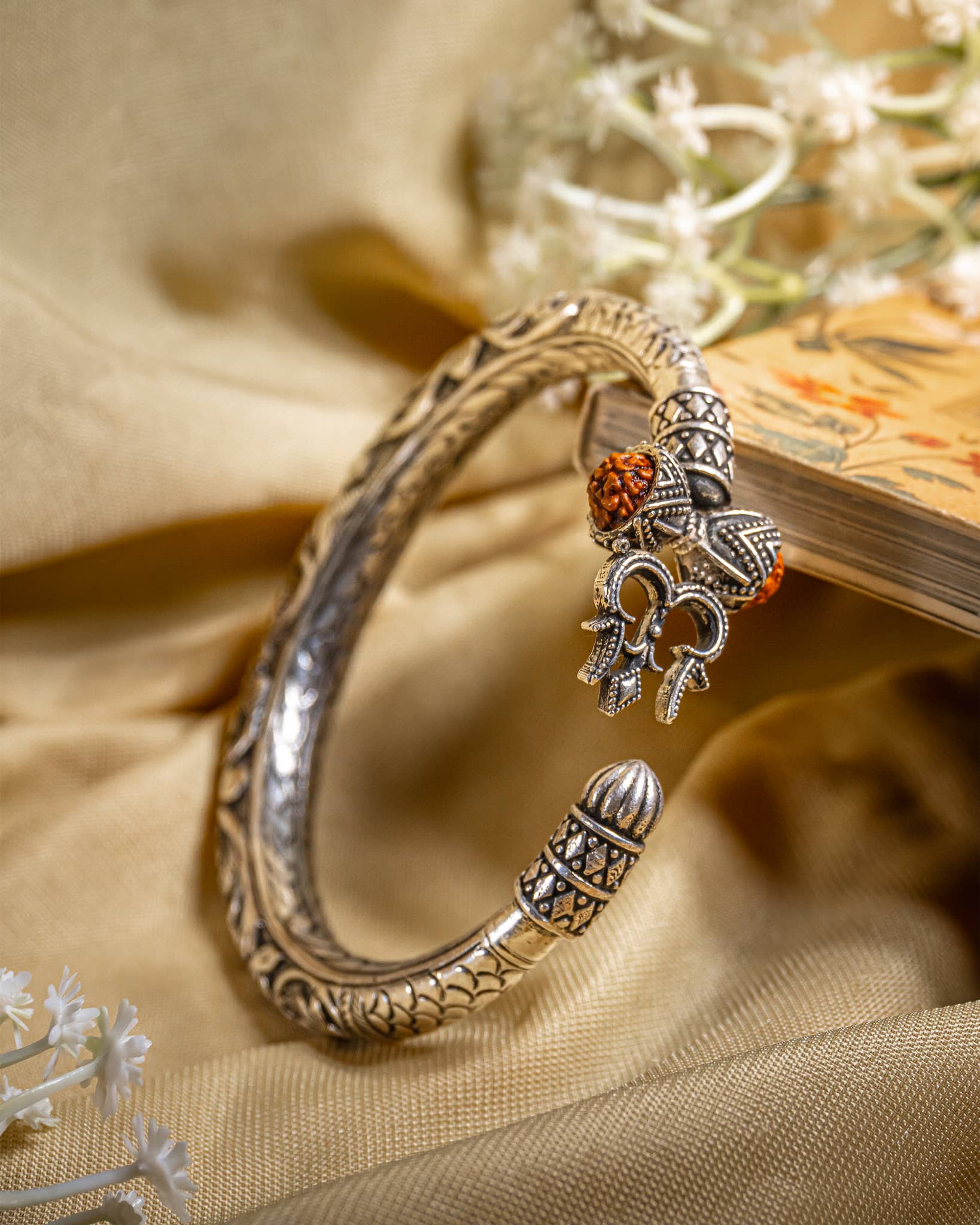 Oxidized Silver Shiva Trishul Damru Kada with Rudraksha | Mahadev Bracelet for Men
