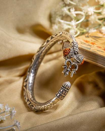Oxidized Silver Shiva Trishul Damru Kada with Rudraksha | Mahadev Bracelet for Men