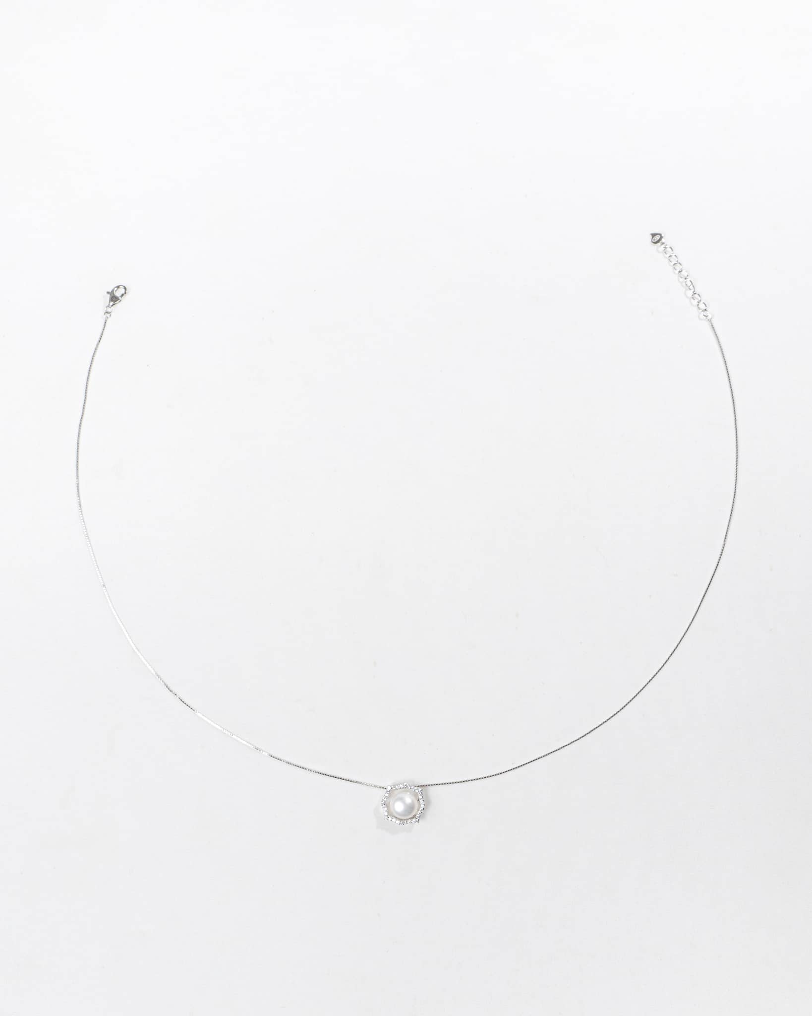 92.5 Sterling Silver Pearl & American Diamond Geometric Halo Necklace | Modern AD Pendant