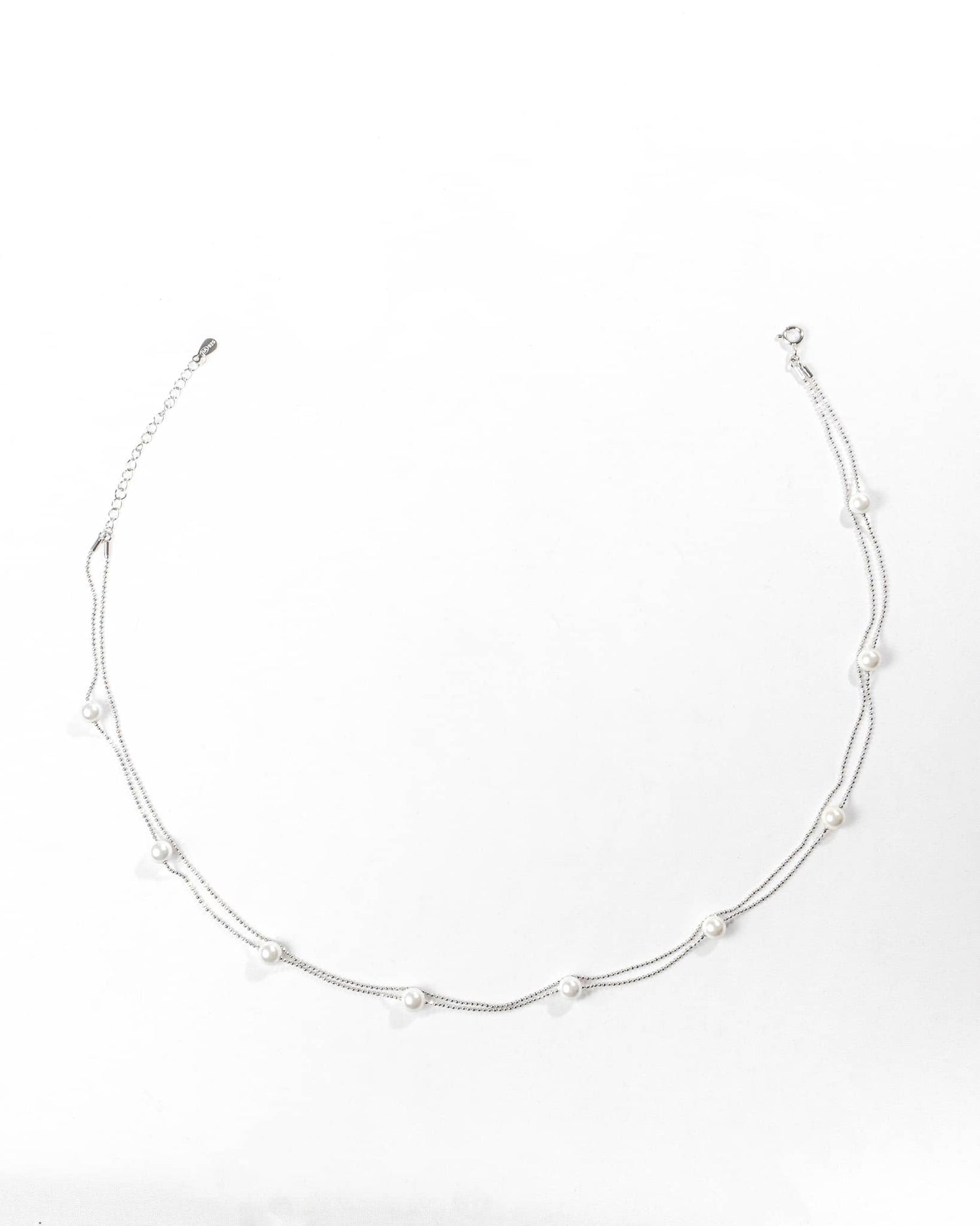92.5 Sterling Silver Double Layer Pearl Station Necklace | Minimalist Dainty Chain