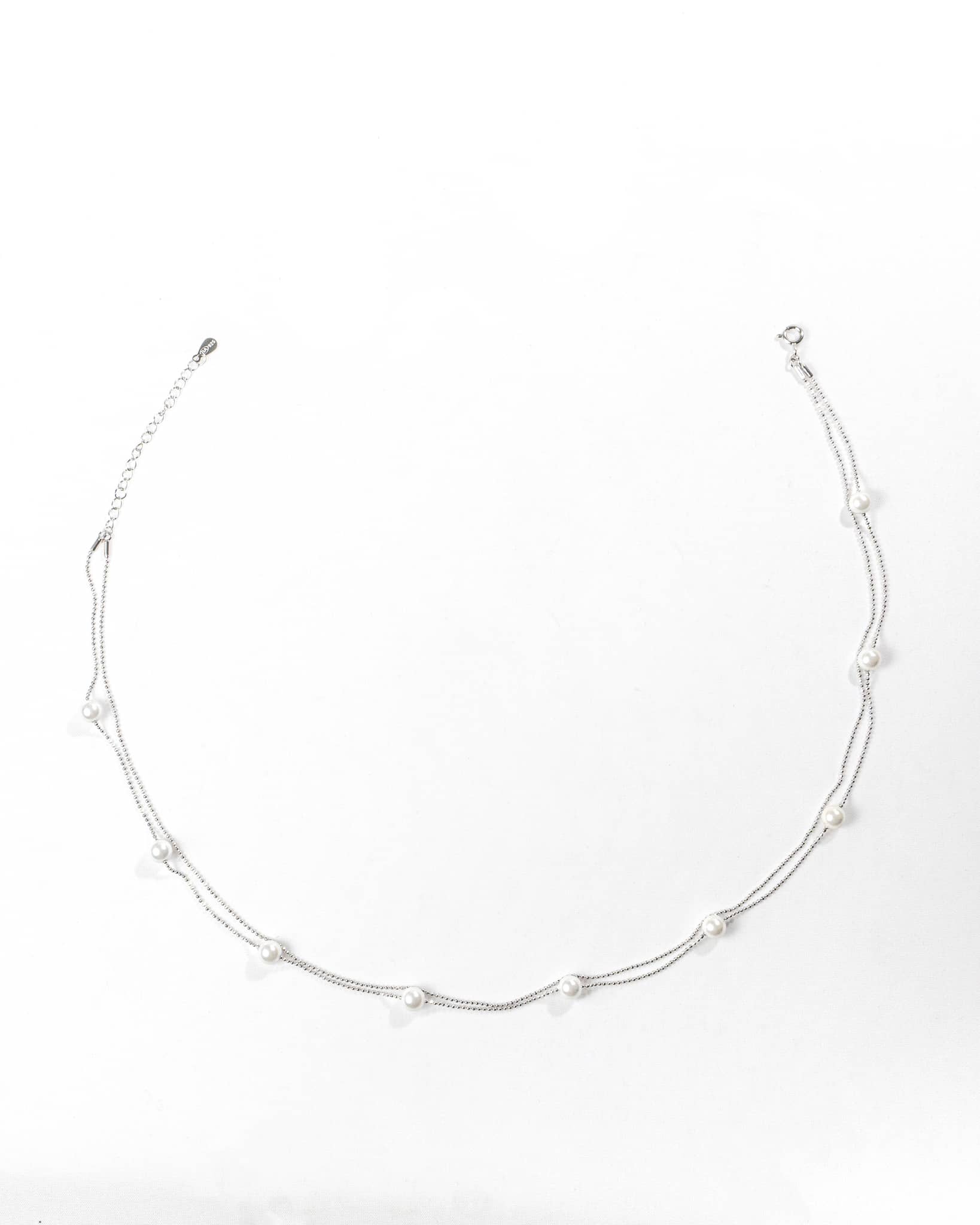 92.5 Sterling Silver Double Layer Pearl Station Necklace | Minimalist Dainty Chain