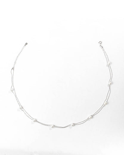 92.5 Sterling Silver Double Layer Pearl Station Necklace | Minimalist Dainty Chain